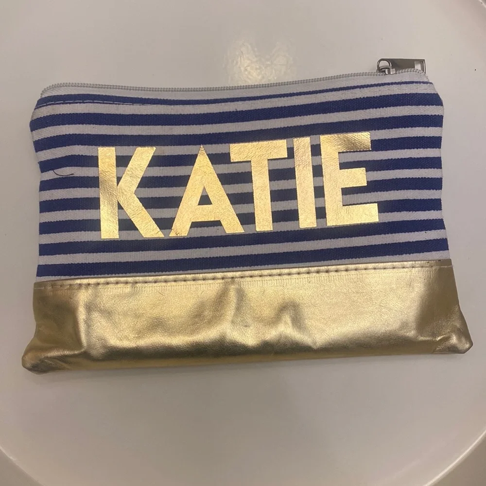 Katie Customized Cosmetic Bag Blue/White Stripe with Gold Accents GUC 9x6